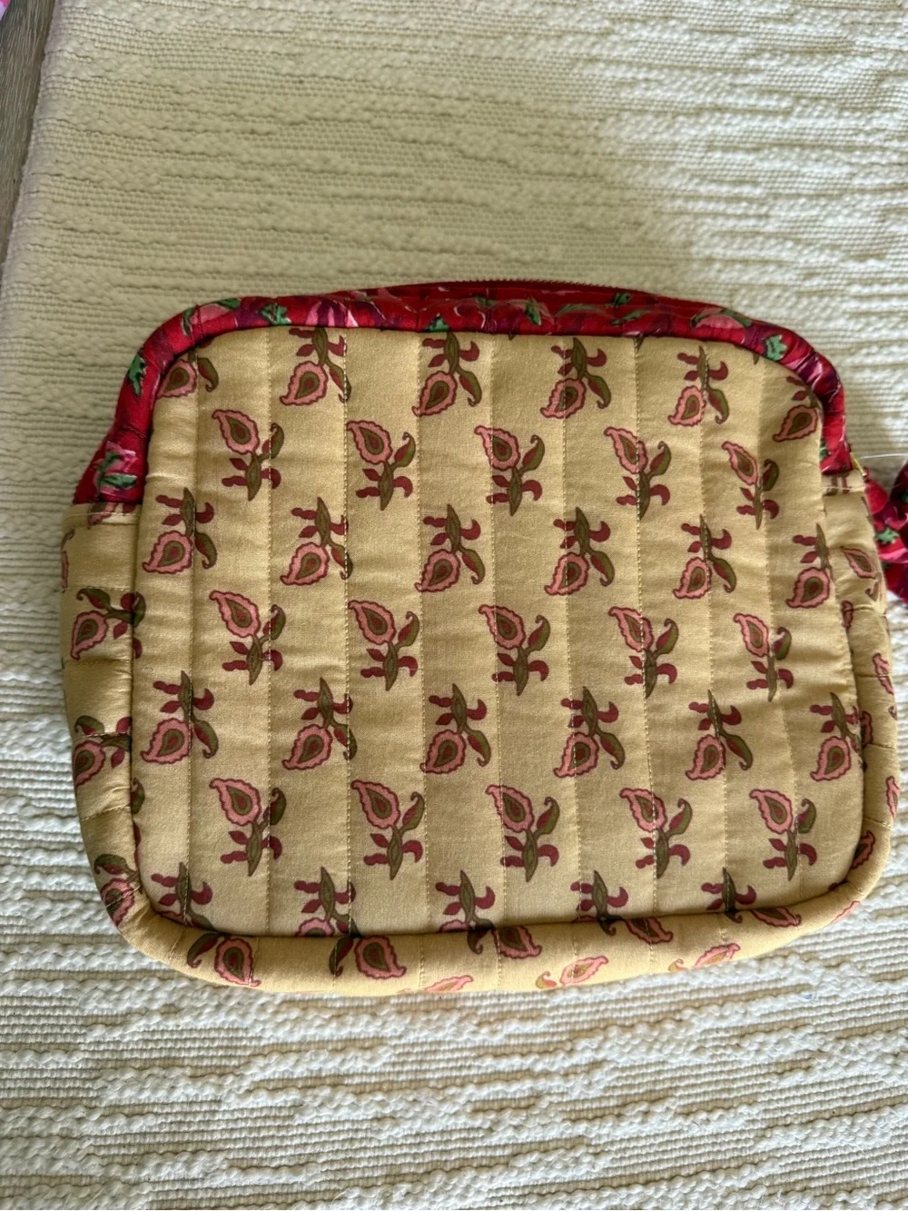 Anthropologie Quilted Floral Cosmetic Pouch in Beige and Red